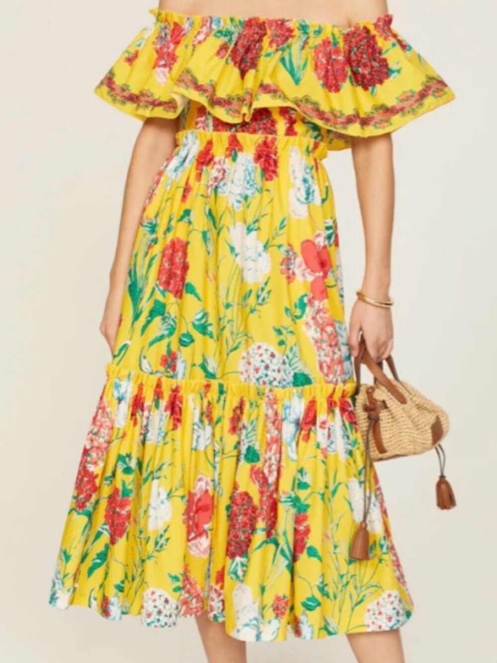 NWT Cara Cara Marta Off-The-Shoulder Floral Midi Dress Yellow Freesia size 6
